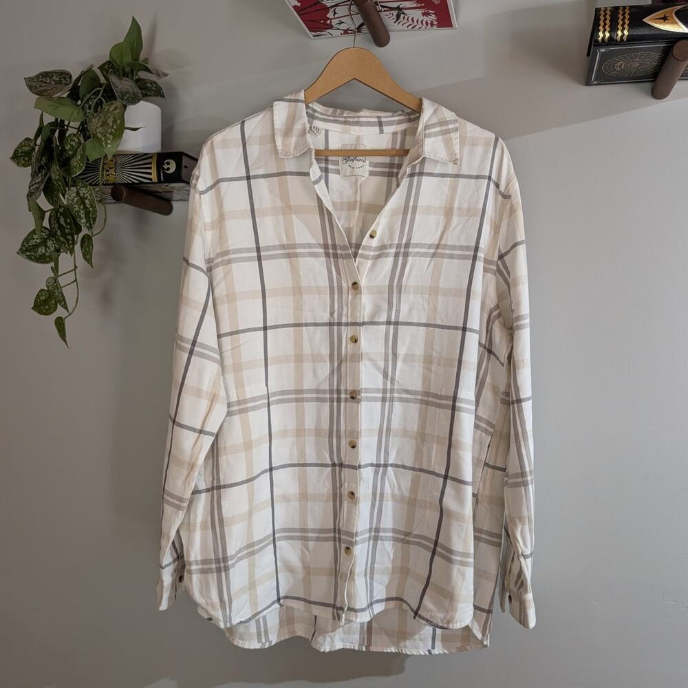 JACH'S Girlfriend NY | Plaid Tunic Shirt Cream Fleece Pocket | Women's Size XXL